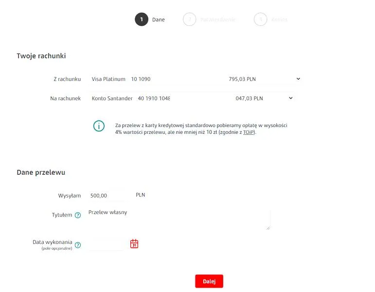 Informacje na druku przelewu