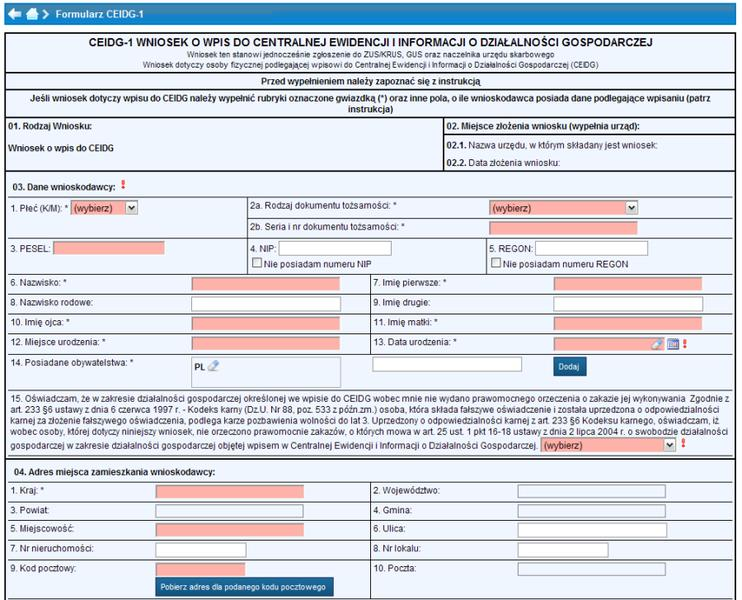 Informacje w formularzu CEIDG-1
