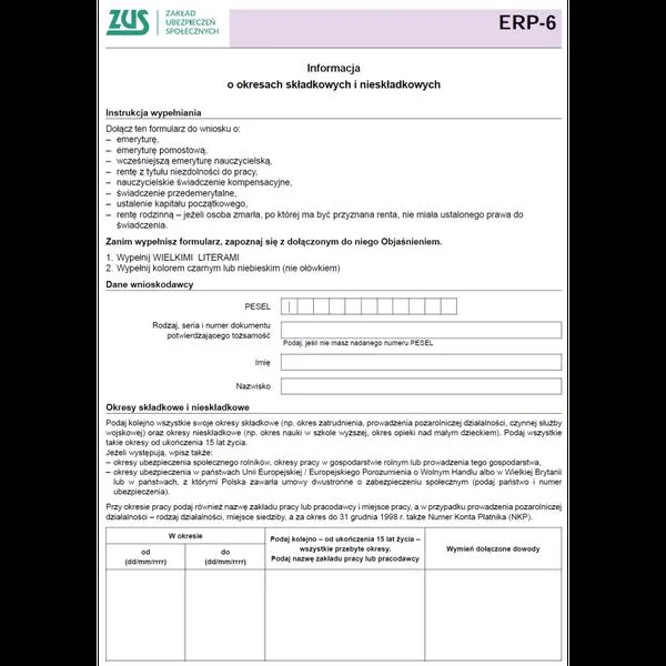 Wypełnianie formularza ERP-6