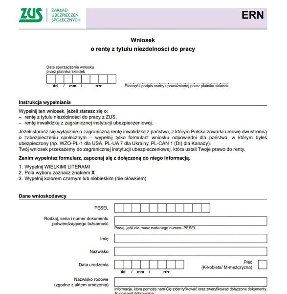 Wypełnienie druku ERN